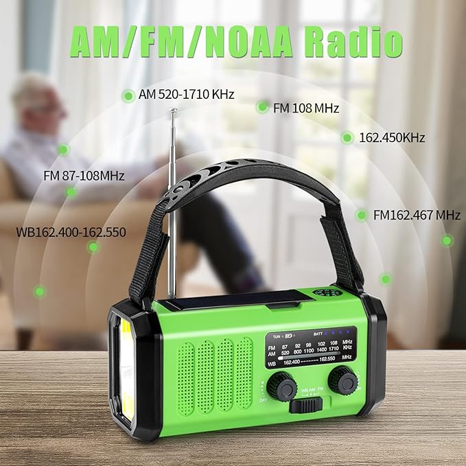 Hand Crank Emergency Radio, 10000mAh Solar Powered NOAA/AM/FM Weather Radio with Multi-Function LED Flashlight and Cell Phone Charger for Indoor/Outdoor Emergencies