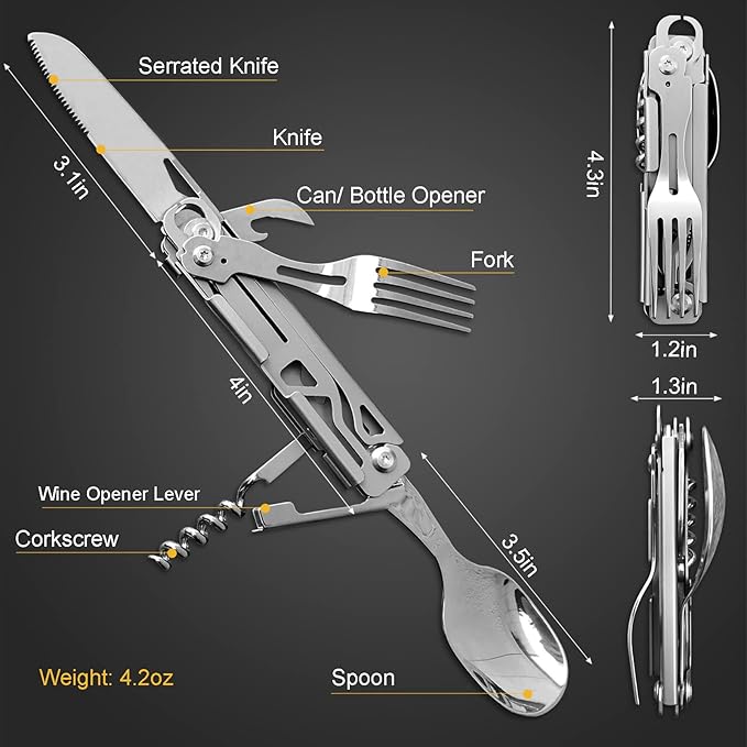 6 in 1 Detachable Camping Utensils Flatware Set, Multifunction Travel Pocket Cutlery Folding Spoon, Fork, Knife, Wine Bottle Can Opener Portable Combo Set Stainless Steel