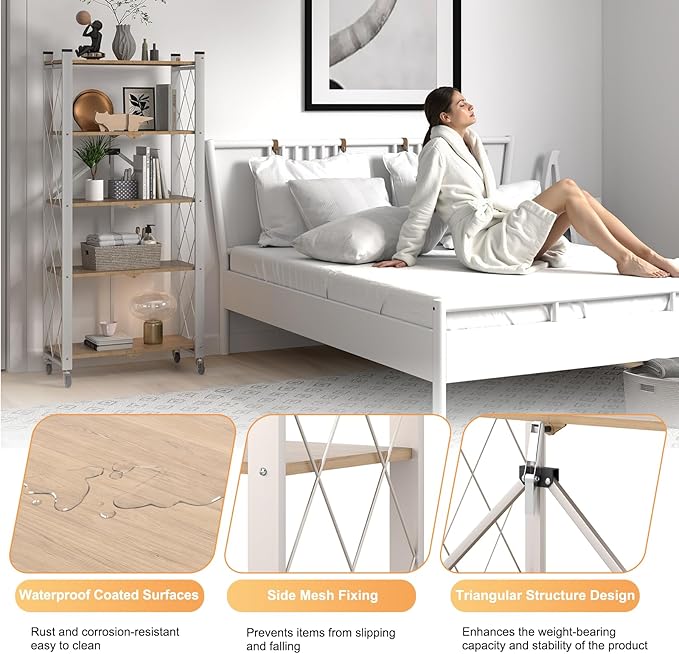 5-Tier Foldable Storage Shelves with Wheels, Folding Metal Shelf Unit, Folding Bookshelf no Assembly, Collapsible Shelves for Craft Shows for Kitchen, Bedroom, Living Room, Natural