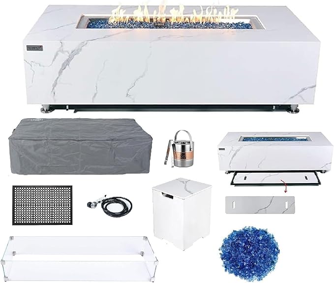 Elementi+ | Bundle Carrara Gas Fire Pit | Marble Porcelain & Metal Frame | 60" Rectangular Fire Table | Electronic Ignition | Canvas Cover, Fire Glass & Burner Lid Included | White | Propane Gas