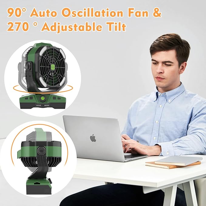 RUNTOP 20000mAh Oscillation Camping Fan, Rechargeable Fan with RGB, Remote, Battery Operated Outdoor Tent Fans w/Hanging Hook, Personal USB Desk Fans for Camping, Jobsite (Green)