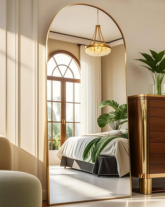 Arched Floor Length Mirror, 71"x30", Oversized Standing or Wall Mounted, Large Full Body Mirror with Aluminum Gold Frame