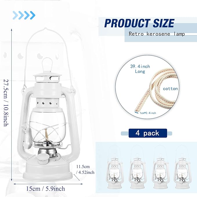 Honoson 4 Pieces Oil Lamp Hurricane Lamp Kerosene Lantern for Indoor Outdoors Decorative Hanging Oil Lantern with Wick for Hiking Emergency Camping Party Decoration(White,10 Inch)