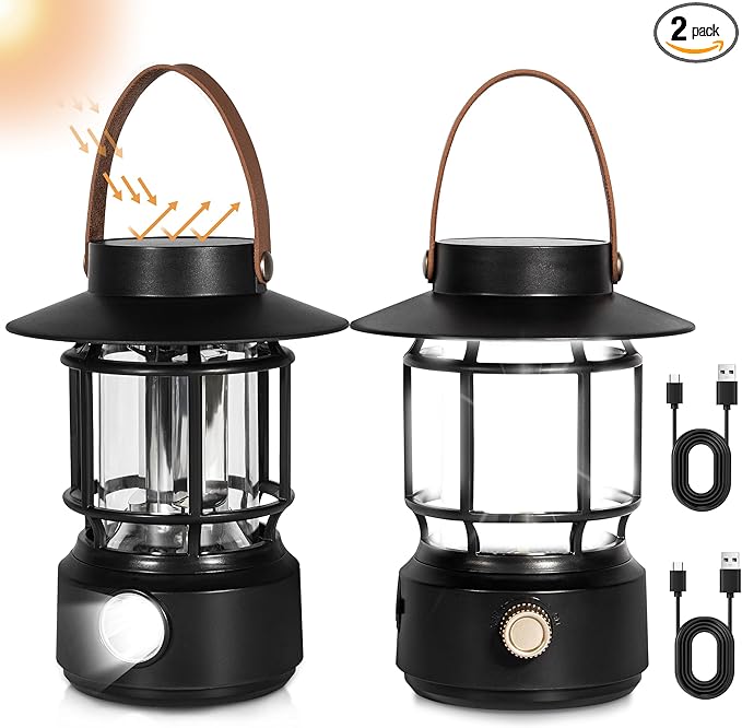 Led Camping Lantern 2 Pack, 1000LM, Solar Lantern Rechargeable Camping Lights with Side Flashlights for Emergencies, IPX5 Waterproof Portable led Lanterns for Power Outages,USB C Cable Included