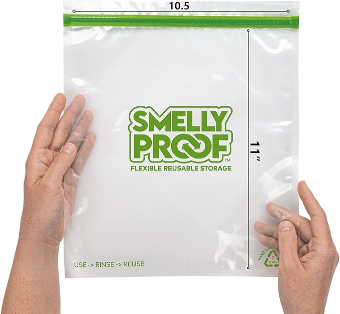 Smelly Proof Reusable Storage Bags for Food Bags - MADE IN USA, Easy Clean, Dishwasher-Safe, BPA FREE, NO PEVA, XL 3-mil Thick Bags, Extra Large Clear FLAT 10.5" x 12" GALLON 10-Pack