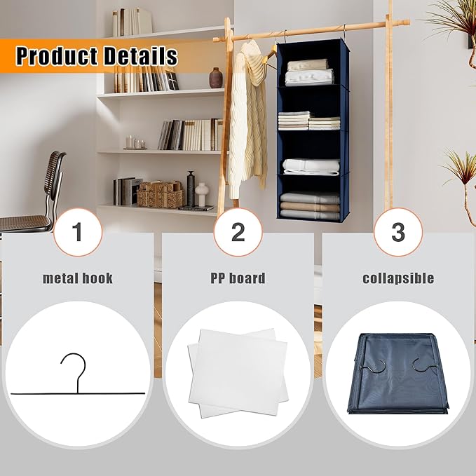 Hanging Closet Organizer - 4-Shelf, Easy Mount Foldable Wardrobe Storage Shelves for Clothes, Handbags, Shoes & Accessories - Washable Oxford Cloth Fabric, Navy Blue
