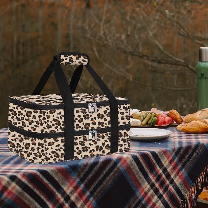 esouler Double Insulated Casserole Carrier Bag Hot & Cold Food Carrier Bag Lasagna Holder Lunch Bag for Picnics, Parties, Travel, Fits 9 x 13 Inches Casserole Dish-Leopard