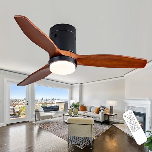 42 Inch Low Profile Ceiling Fans with Lights and Remote, Flush Mount Ceiling Fan with Lights, 3 Blades Solid Wood Walnut Hugger Easy Installation for Living Room, Bedroom, Farmhouse, Indoor