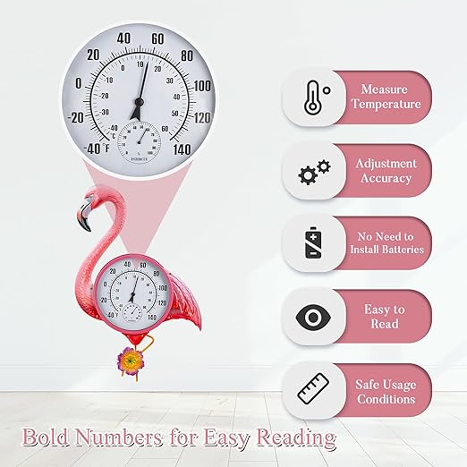 Large Outdoor Thermometer, Flamingo Wall Thermometer Hygrometer No Need Battery, Retro Sun Outside Thermometer Decoratibve for Backyard, Garden, Living Room