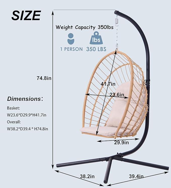 Indoor/Outdoor Egg Hanging Chair with Stand - Patio Wicker Swing Hammock Chair. 350lbs Capacity, Cushioned. Ideal for Bedroom, Balcony, Porch, Garden. Versatile Swing Chair for All Spaces