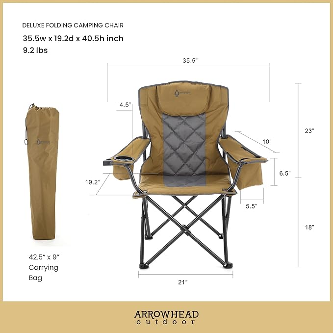 ARROWHEAD OUTDOOR 2-Pack Portable Folding Camping Quad Chair w/ 6-Can Cooler, Cup & Wine Glass Holders, Heavy-Duty Carrying Bag, Padded Armrests, Headrest & Seat, Supports up to 550lbs