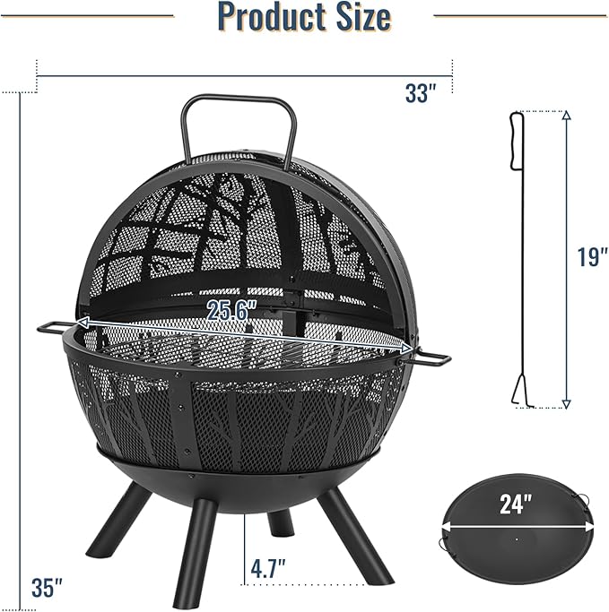 35 Inch Wood Burning Fire Pit with BBQ Grill, Heavy Duty Fire Pits Ball for Outside with Spark Screen & Removable Ash Pan, Outdoor firepit & Fireplace for Bonfire in Garden, Yard