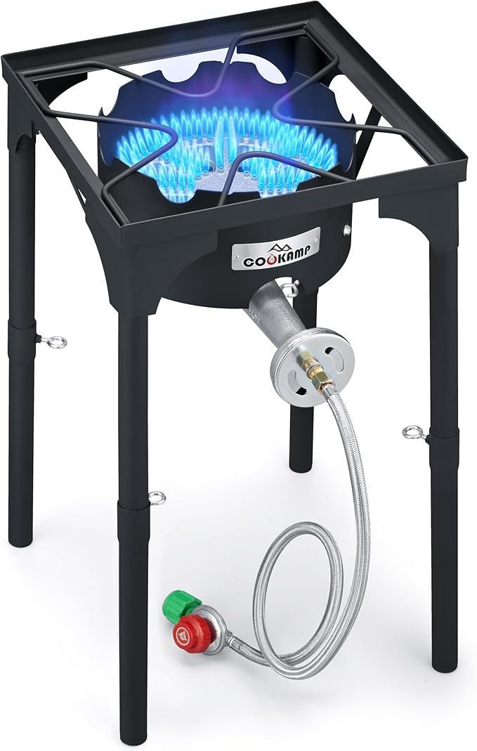 High Pressure Propane Burner Banjo Single Wok Burner 200,000BTU with Adjustable Height. 0-20 PSI Adjustable Regulator and Steel Braided Hose SA1550 (200,000BTU)