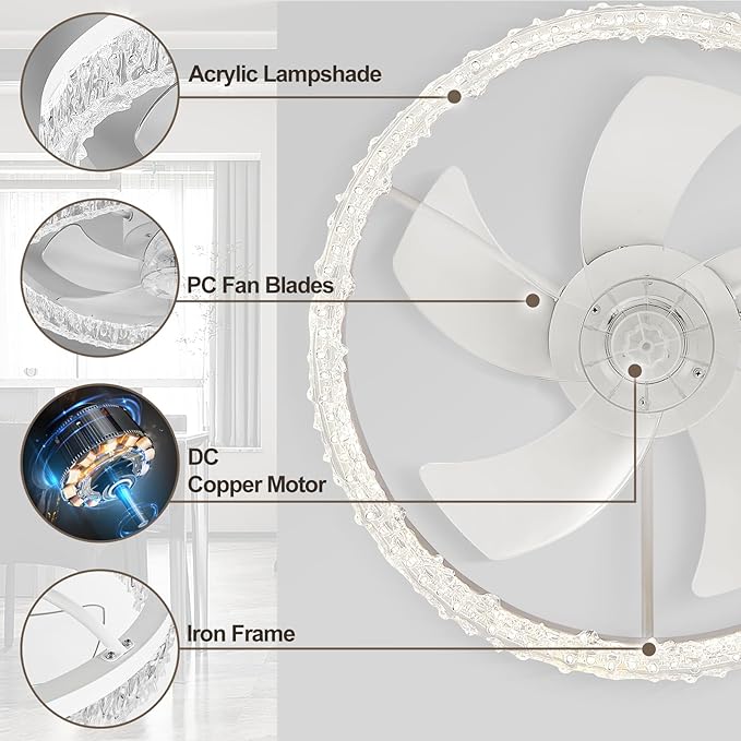Low Profile Ceiling Fans with Lights and Remote, Fandelier Ceiling Fan Flush Mount, 3000K-6500K Smart 5 Fan Blades LED Fan Light, Modern Ceiling Fans with Lights for Bedroom