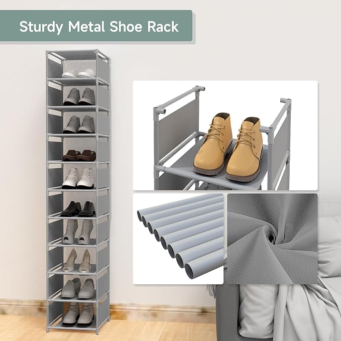 Vertical Shoe Rack, 10 Tier Grey Narrow Shoe Organizer for Closet Entryway, Tall Slim Shoe Tower for Small Spaces, Space Saving Corner Shoe Shelf