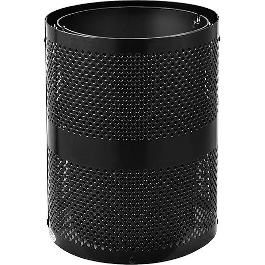 Global Industrial 32 Gallon Outdoor Perforated Steel Round Trash Can with Rain Bonnet Lid, Plastic Liner and Anchor Kit Included, 23-1/2" Diameter x 40-1/2"H, Black