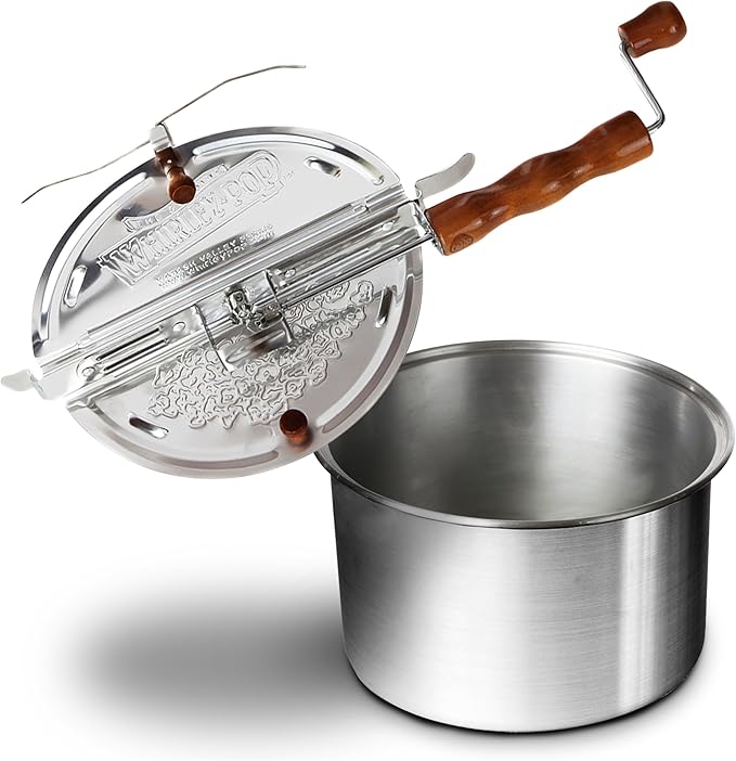 Original Whirley Pop Popcorn Maker - 6 Quart Stovetop Popcorn Popper With Four Popping Kits, Aluminum Popcorn Pot With Metal Gears, Wabash Valley Farms Stove Top Popcorn Maker, Popcorn Pan (Silver)