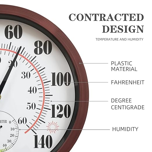 Indoor Outdoor Thermometer Large Numbers 12 Inch Wall Weather Thermometer Hanging Garden Decor Hygrometer No Battery Needed (Brown)