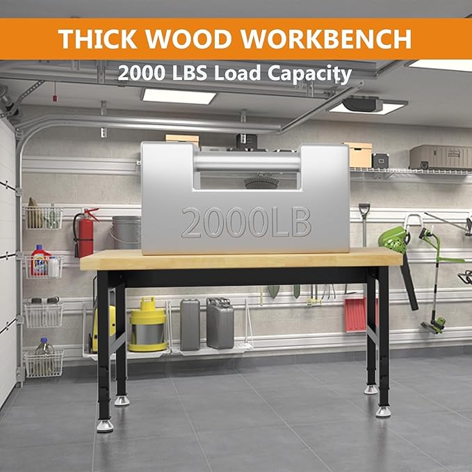 48" Work Bench, Adjustable Height Workbench, Heavy-Duty Thicker Work Table, 2000 LBS Load Capacity Workstation for Garage, Workshop, Office, Home