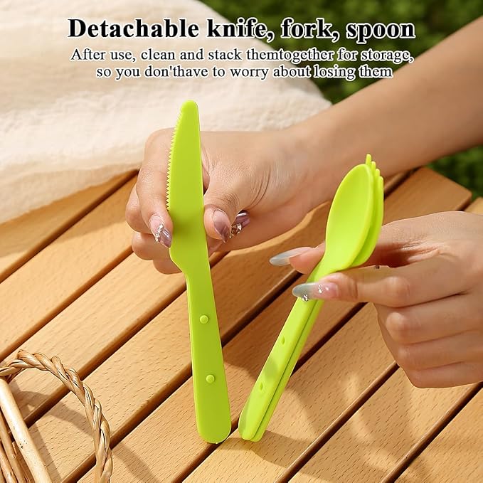 Berglander Camping Mess Kit with Bowl, Plate, Cup, Spoon, Fork, Knife and Carry Bag, Save Space, Easy to Carry, Plastic Camping Essentials Utensils for Travel, Picnic, Outdoor (Green)