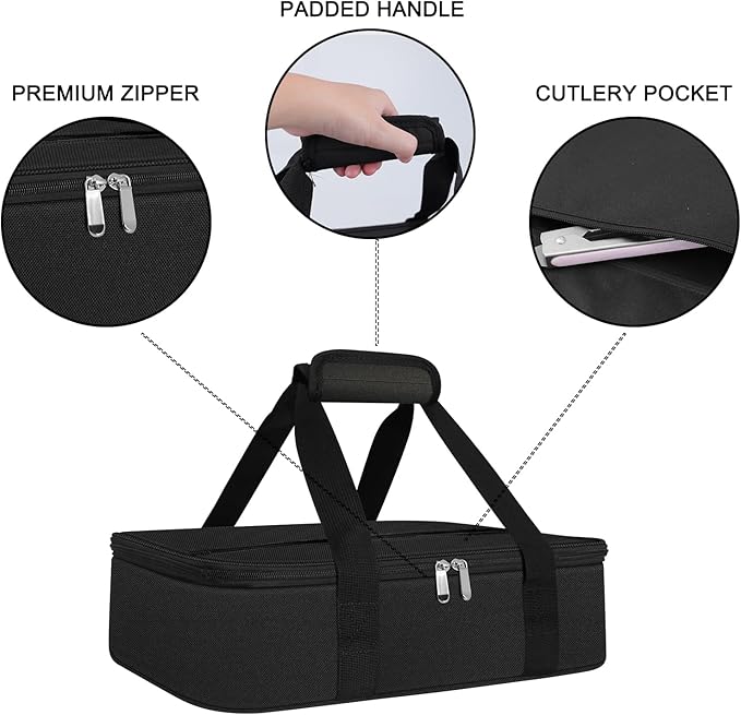 esouler Insulated Casserole Carrier Bag Hot & Cold Food Carrier Bag Lasagna Holder Lunch Bag for Picnics, Parties, Travel, Fits 9 x 13 Inches Casserole Dish-Black