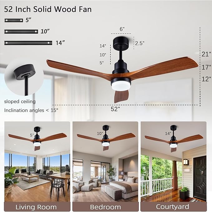 52" ceiling fans with light, solid wood ceiling fan with remote control and DC motor, LED dimming with memory function, 3 blades, suitable for living rooms, bedrooms, and dining rooms - black + walnut