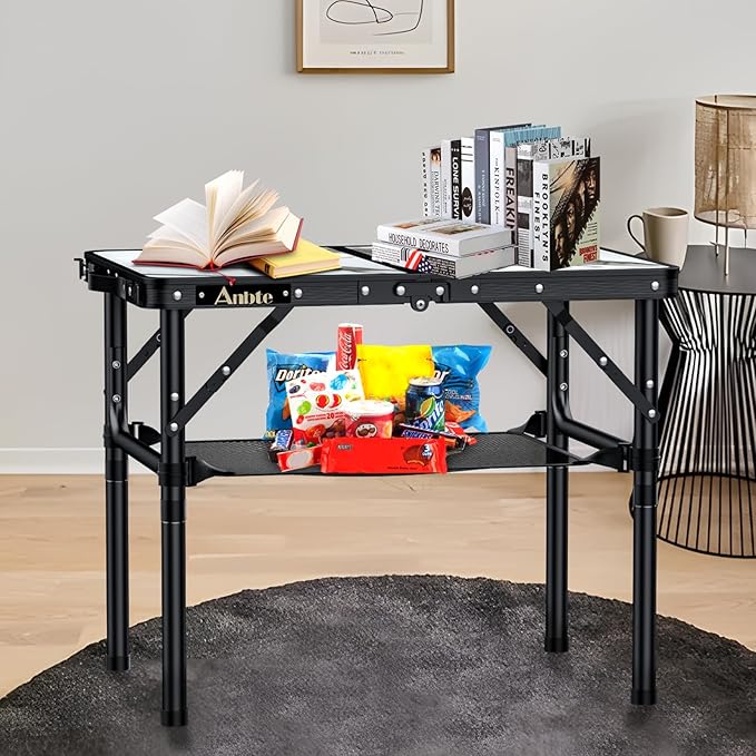 Folding Camping Table with Storage Net, 3 Adjustable Height Max 27.5" Aluminum Small Folding Table, Portable Table with Carry Handle, Lightweight, for Outdoor Indoor Travel Camping Picnic