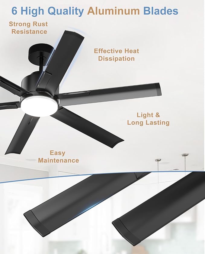 JAYNLT 60 Inch Ceiling Fan with Light,Industrial LED Fan Lights with 6 Aluminium Blades,Large Ceiling Fan - Remote/APP Control, Air Reversible 6 Speed 3 Colors Noiseless DC Motor for Kitchen,Shop