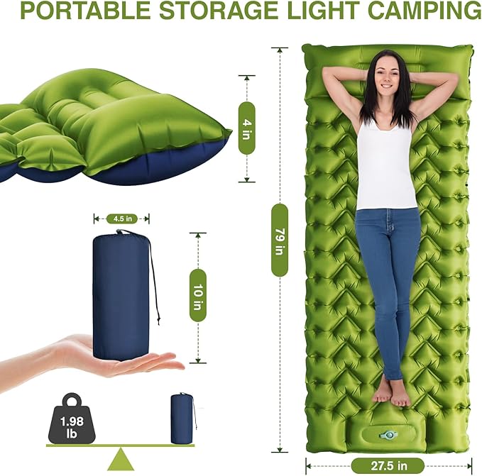 Camping Sleeping Pad, Ultralight Camping Mat with Pillow Built-in Foot Pump, 4" Thick Inflatable Sleeping Mat Compact for Backpacking, Hiking, Car Traveling, Camp Tent