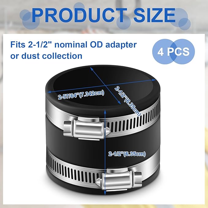 Minatee Dust Control Flex Cuffs with Stainless Steel Hose Clamps, Flexible PVC Coupling for Plastic and Copper Plumbing Connections, Connector Ports Dust Collection Fittings(2-1/2 Inch, 4 Pcs)