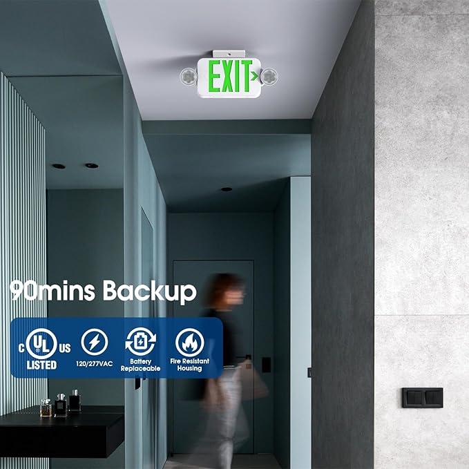 Green Led Exit Sign Emergency Light Combo Adjustable Two Head, Double Sided and Battery Backup Exit Light, Contractor Select, AC 120/277V (4 Pack)