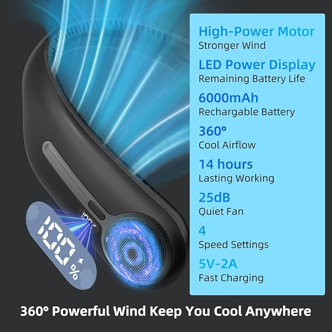 Portable Neck Fan,Gift Ideas,Personal Wearable Bladeless Fan,360° Cooling,LED Display,4-Speeds,6000mAh Rechargeable,Powerful Wind,Outdoor Travel Camping,Birthday Gifts for Men Women Dad Mom (Black)