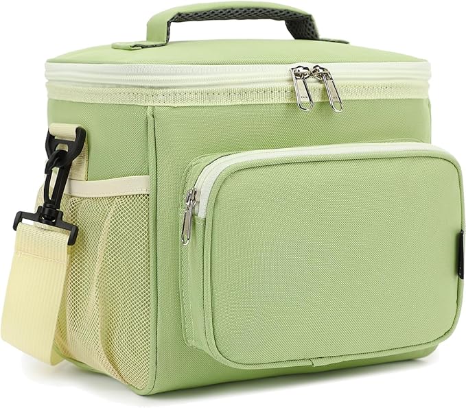 FlowFly Insulated Reusable Lunch Bag Adult Large Lunch Box for Women and Men with Adjustable Shoulder Strap,Front Zipper Pocket and Dual Large Mesh Side Pockets,Light Matcha