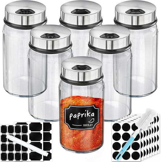 Segarty Glass Spice Jars with Shaker Lid, 6 Pack 6 oz Empty Spice Jar with Labels, Seasoning Containers Spices Bottles Set with 136 Stickers, 1 Chalk Pen, 1 Brush, Salt Pepper Shakers for Kitchen