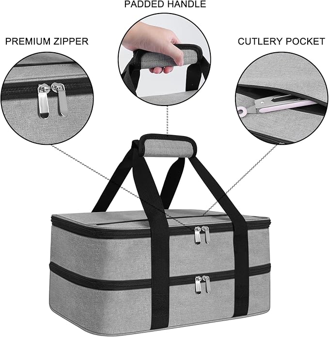 esouler Double Insulated Casserole Carrier Bag Hot & Cold Food Carrier Bag Lasagna Holder Lunch Bag for Picnics, Parties, Travel, Fits 9 x 13 Inches Casserole Dish-Grey
