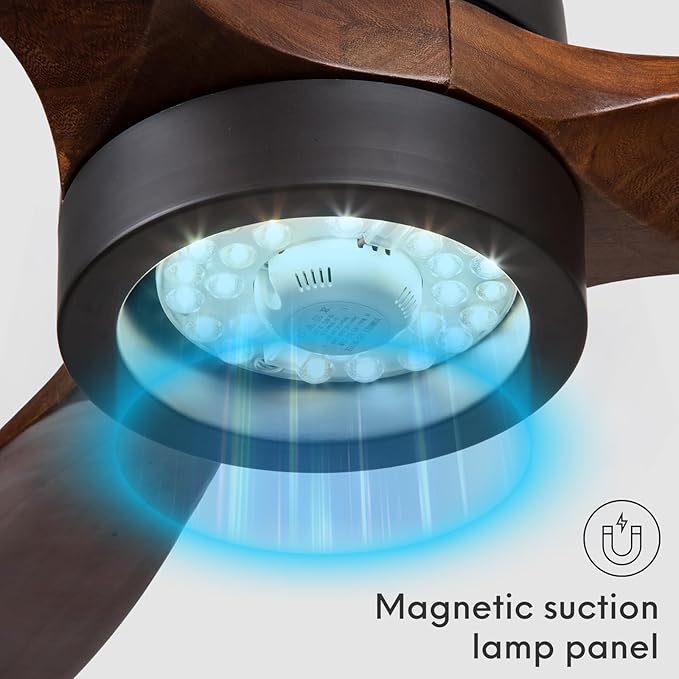 EKIZNSN 32“ Wet Rated Ceiling Fans with Lights Outdoor Hanging for Gazebo Waterproof, DC Motor w 3 Reversible Walnut Wood Blades, Walnut