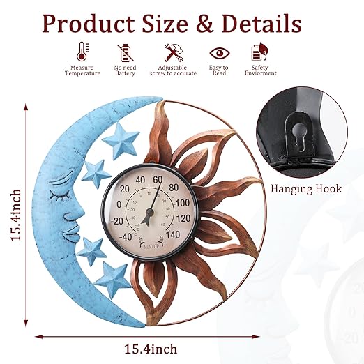 MUMTOP Indoor Outdoor Thermometer - Sun and Moon Wall Thermometer with Star, Outdoor Thermometers for Patio, Room, Greenhouse, Outside, Garden Decor