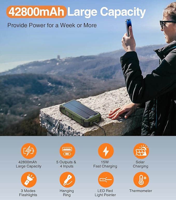 Army Green Solar Power Bank 42800mAh, 15W Wireless Portable Charger with Built-in Cables, 5 Outputs & 3 Inputs, Outdoor Battery Pack with LED Flashlight, Fast Charging for iPhone, Samsung, iPad