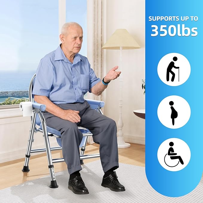 4 in 1 Folding Bedside Commode Chair for Elderly with Arms and Back,Adjustable Height Raised Toilet Seat with Handles,Adults Potty Chair for Seniors,Disabled,Holds Up to 350 lbs (ABS Plastic Seat)