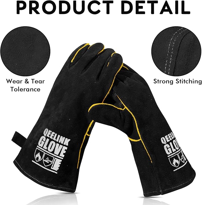 QeeLink Welding Gloves - Heat Resistant Leather and Fireproof Stitching for Fireplace Fire Pit Wood Stove BBQ Gardening Gear
