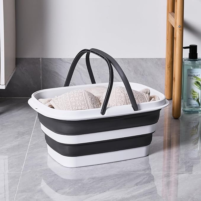 2.9 Gal(11 L) Collapsible Mop Bucket with Handle – Square Silicone Cleaning Bucket for Mopping, Car & Window Washing – Space-Saving Storage Organizer, Durable Plastic Bucket – Pair of Silicone Gloves