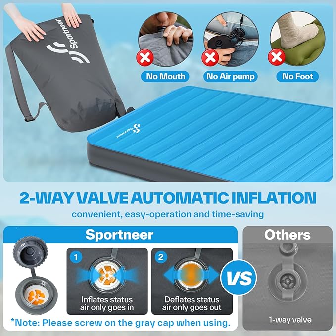 Sportneer Sleeping Pad for Camping: 4" Ultra-Thick Air & Foam Camping Mattress with 10 R Value, 4-Season Large Size 78" x 30" Self-Inflating Sleeping Pad for Camp/Travel/Car/Tent, Easy to Inflate