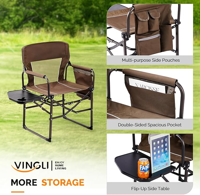 VINGLI Camping Chairs, Directors Chair, Camping Chair with Side Table & Carry Bag，Heavy Duty Camping Chairs for Adults,Portable Folding Camping Chair 2 Pack, for Beach, Fishing,Trip,Picnic,Lawn-Brown
