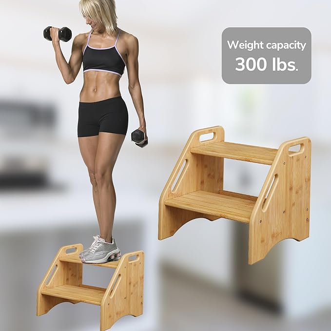 AMBIRD Wooden Step Stool, Two Step Stools Toddler 300 lbs Capacity with Safety Non-Slip Pads and Handles, Bamboo Step Stool for Bathroom, Kitchen Dual Height Step Stools for Kids (Natural)