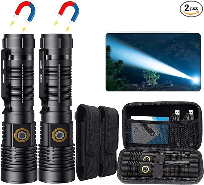 Rechargeable Magnetic Flashlight High Lumens - 1500 Meters Long Beam Super Bright LED Tactical Flashlight with Holster USB Zoomable 5Modes Small Long Beam Spotlight Flashlight for Camping