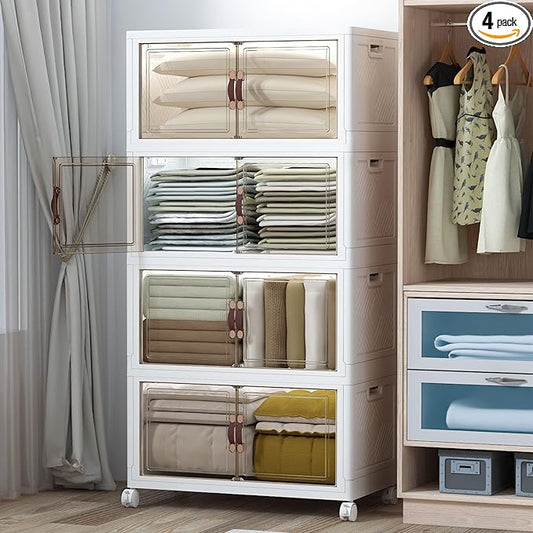 Extra Large Stackable Storage Binswith lids & Wheels, Foldable Collapsible Closet Organizers,480QT-120QT/30GAL*4Pack Plastic Containers with door & drawers for bedroom Dorm