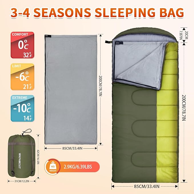 XL 10 Degree Sleeping Bags Waterproof for Adults 350GSM Machine Washable with Compression Sack for 3-4 Season Camping Outdoor