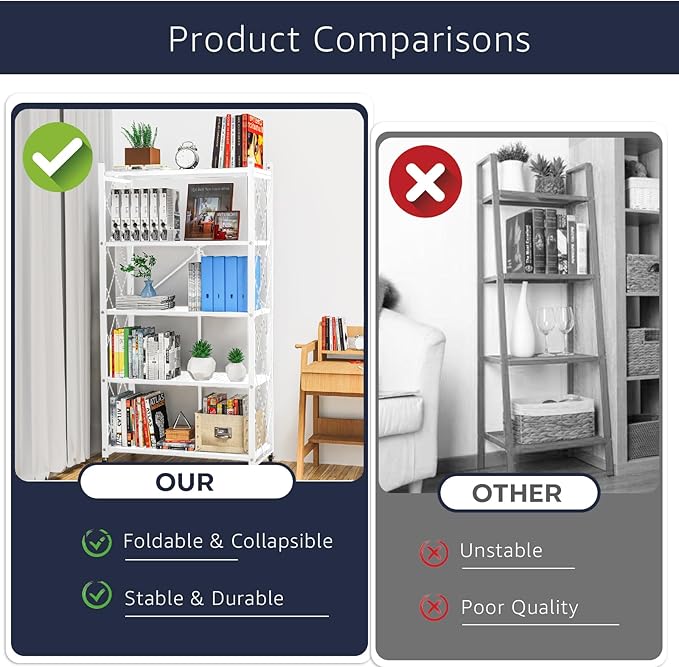 5-Tier Foldable Storage Shelf with Wheels - Metal Rack Collapsible Shelving Unit Display, Rolling Cart for Books Kitchen Storage Shelves, Pantry & Closet Organizer, Office Room Decor