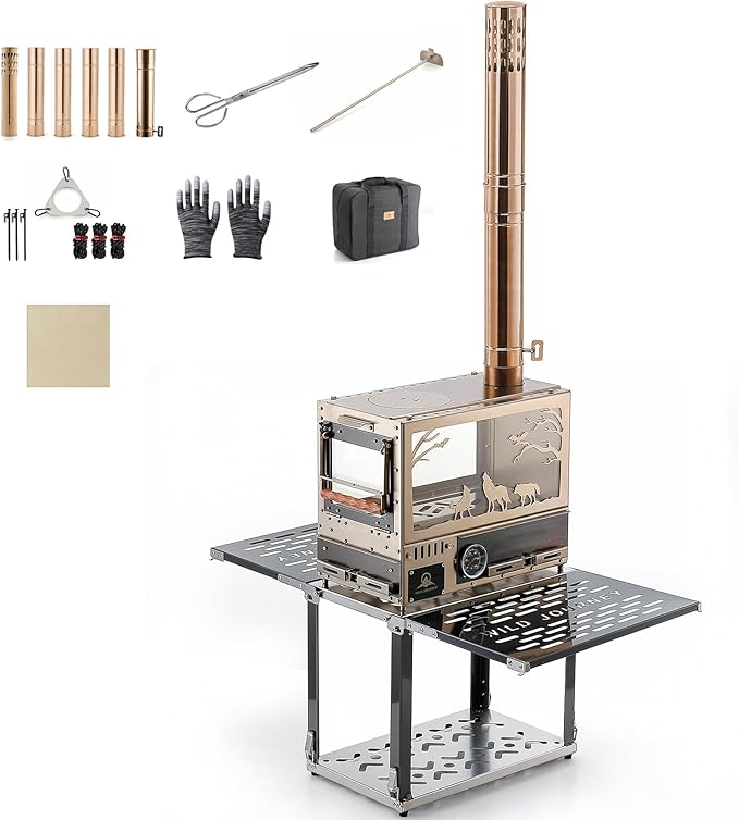 M8 Wood Burning Stove with Oven & Folding Camping Table, Stainless Steel Portable Hot Tent Stove, Including 6 Chimney Pipes, for Camping, Tents, Cooking and Travel Rose Gold