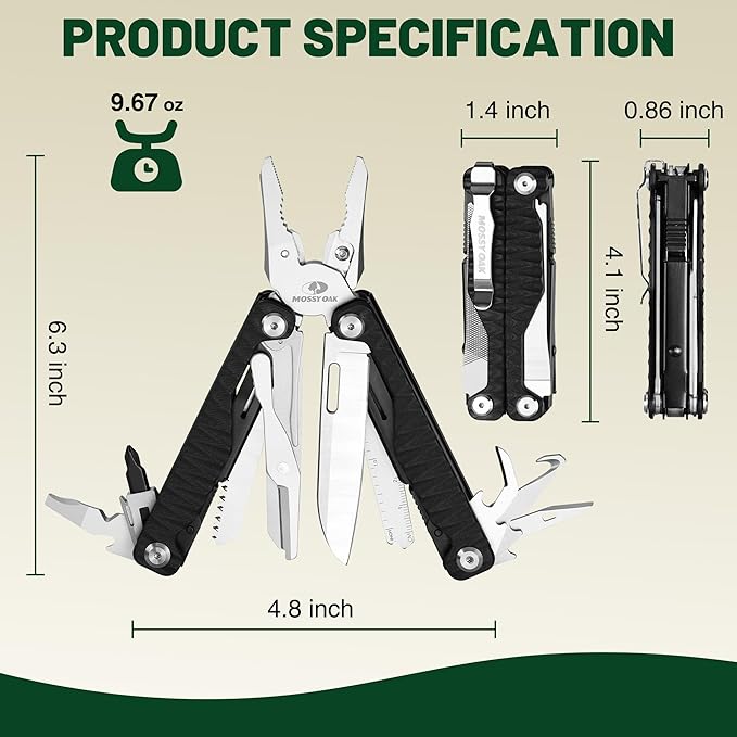 MOSSY OAK Multitool, 17-in-1 MultiTool Pliers with Nylon Sheath, Wire Stripper, Box Cutter, Bottle Opener, Screwdriver, Durable Multi Tool for Camping, Hiking, Hunting & EDC